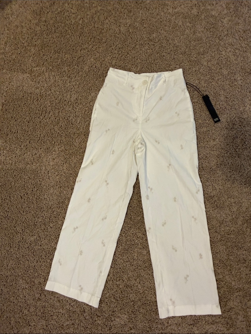 Nicole Miller Cream Straight-Leg Embroidered Pants